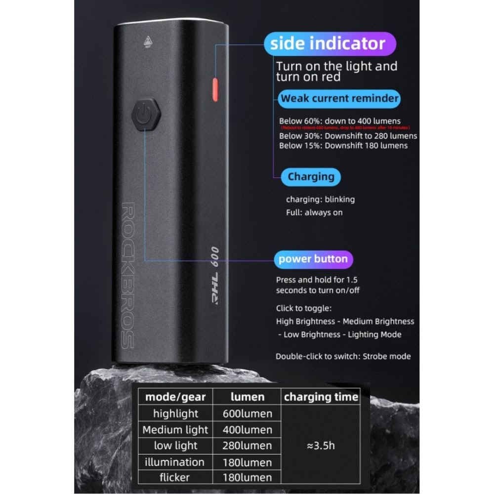 Svetlo predné ROCKBROS 600LM s USB nabíjaním - Svetlá - 5
