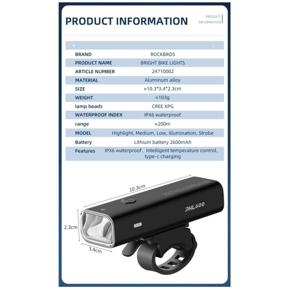 Svetlo predné ROCKBROS 600LM s USB nabíjaním - Svetlá - 4